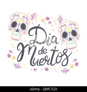 Messico fiori, cranio ed elementi di cibo su uno sfondo bianco. Illustrazione vettoriale Illustrazione Vettoriale