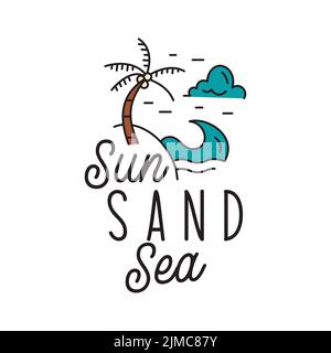 Logo lineare con immagine spiaggia e testo Sun Sand Sea Illustrazione Vettoriale