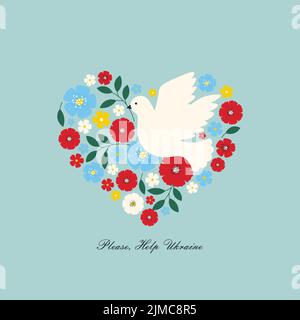 Composizione con fiori e colomba, concetto di Pace, guerra in Ucraina. Illustrazione vettoriale in stile piatto Illustrazione Vettoriale