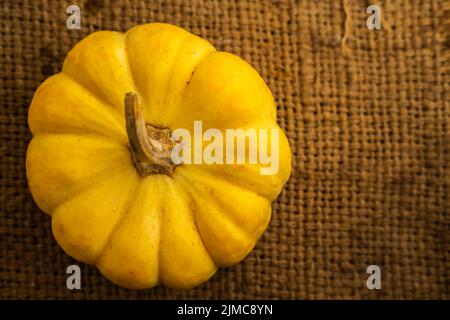 Zucca fresca gialla sul sacco con spazio per mettere il testo Foto Stock