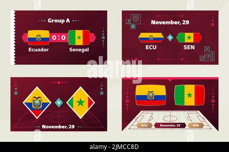 Ecuador vs Senegal, Calcio 2022, Gruppo A. World Football Competition Championship match versus team intro sport background, campionato competitio Illustrazione Vettoriale