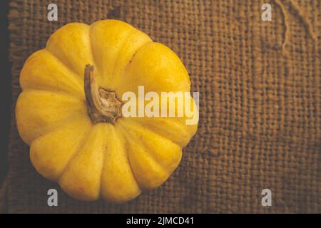 Una zucca gialla fresca sul sacco con spazio per mettere il testo Foto Stock