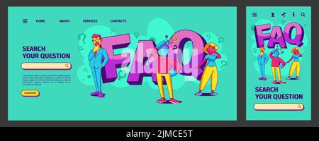 Pagina di destinazione FAQ, modello di schermata integrata app ui ux mobile app. Le persone ponderate con le domande pensano, risolvono il compito, graffiando la testa. Personaggi contemporanei pensivi linea cartoon vettore web banner Illustrazione Vettoriale