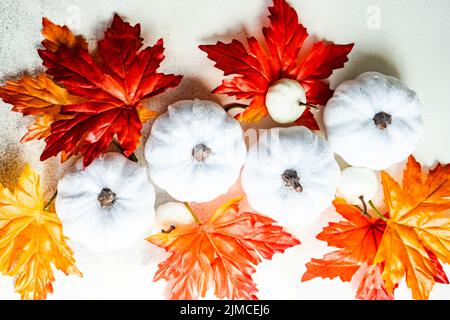 Telaio fatto con foglie autunnl finte e raccogliere verdure su fondo di calcestruzzo Foto Stock