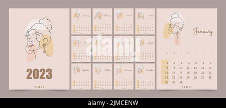 Calendario 2023 con le facce astratte delle donne in uno stile di linea. Settimana a partire da domenica. Design piatto minimale da scrivania o da parete. Modello vettoriale Illustrazione Vettoriale