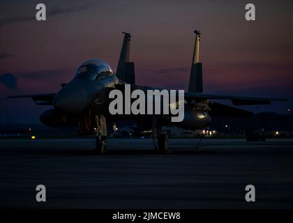 Un F-15E Strike Eagle assegnato al 334th Fighter Generation Squadron, è parcheggiato sulla linea di volo alla Seymour Johnson Air Force base, North Carolina, 28 luglio 2022. Il primo volo F-15A Eagle si è svolto il 27 luglio 1972 presso la base dell'aeronautica militare di Edwards, California, in occasione del 50th compleanno della F-15. (STATI UNITI Air Force foto di Senior Airman Kimberly Barrera) Foto Stock