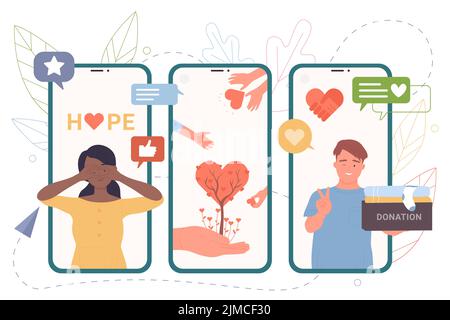 Beneficenza online e raccolta fondi sullo schermo di telefonia mobile illustrazione vettoriale. Le mani dei cartoni animati danno il cuore, le persone donano aiuti umanitari, vestiti e cibo box tramite app in smartphone. Concetto di donazione Illustrazione Vettoriale