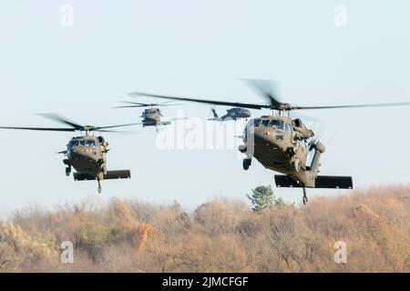 Soldati con 1st battaglione, 87th reggimento fanteria, 1st squadra di combattimento Brigata, 10th Divisione montagna, hanno partecipato al movimento dell'aria e delle attrezzature con 2-10 Battaglione elicottero Assault e 3-10 Battaglione Aviazione Generale di sostegno, 10th Brigata Aviazione di combattimento, 10th Divisione montagna 8 novembre 2021, a Fort Drum, New York. Questo evento di formazione si svolge alla fine di Mountain Peak, un evento annuale di formazione a livello di divisione. (STATI UNITI Esercito foto di PFC. Ethan Scofield) Foto Stock