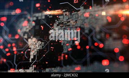 Mappa del mondo 3D con rendering astratto realizzata da blocchi a scatola. Infmazione astratta, connessione, internet, concetto di mondo digitale. Foto Stock