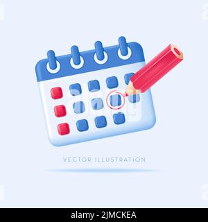 Calendario da tavolo con la matita. Pianificazione, appuntamento, concetto di pianificazione. Illustrazione vettoriale in stile minimale 3D Illustrazione Vettoriale