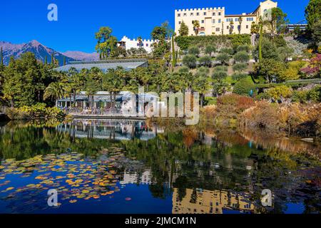 I Giardini di Castel Trauttmansdorff con laghetto delle ninfee, nei pressi di Merano, Alto Adige, Italia Foto Stock