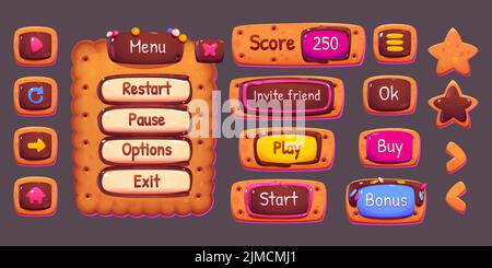 Menu di gioco e pulsanti con consistenza di biscotti e cioccolato. Set di cartoni animati vettoriali di dolce pannello biscotto, gioco, inizio, segno banner e icone a forma di stella e frecce Illustrazione Vettoriale