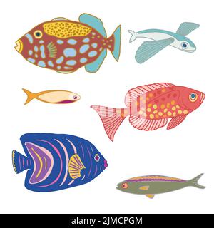Set di pesci colorati disegnati a mano, mondo sottomarino. Illustrazione Vettoriale