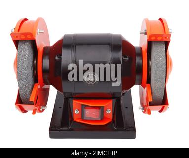 Smerigliatrice elettrica isolata su fondo bianco Foto Stock