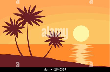 Bellissimo tramonto arancione sulla spiaggia. Palma tropicale. Mare e oceano. Laguna Paradiso. Paesaggio esotico selvaggio per sfondo. Vacanze e viaggi. Paradi Illustrazione Vettoriale