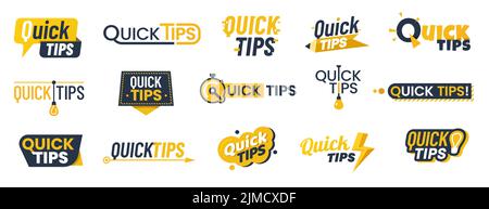 Suggerimenti rapidi icone, badge, consigli e suggerimenti bulbo idea o trucchi, simboli vettoriali. Suggerimenti rapidi e utili informazioni suggerimenti bolle, messaggio di aiuto stic Illustrazione Vettoriale