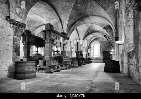 Refettorio laicale con presse storiche del vino, sala da pranzo dei fratelli laici, Monastero di Eberbach, Ordine cistercense, Eltville, Rheingau, Taunus, Assia Foto Stock