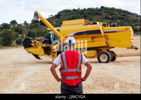 Vista posteriore dell'irriconoscibile agricoltore maschio in uniforme in posizione eretta su campo agricolo con mietitrebbiatrice industriale durante il lavoro in campagna Foto Stock