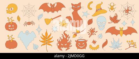 Zucca, ragno, cranio, ragnatela, pipistrello, gatto, cappello. Illustrazione Vettoriale