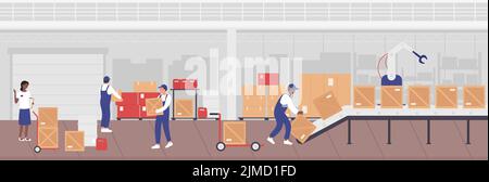 Magazzino di fabbrica con lavoratori e manager, illustrazione vettoriale infografica dell'inventario industriale. Cartoni animati smistamento persone, caricamento scatole su nastro trasportatore con macchine robot in magazzino sfondo Illustrazione Vettoriale