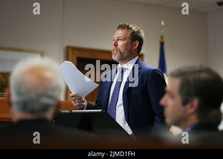 Austin, Texas, Stati Uniti. 5th ago 2022. ANDINO REYNAL, avvocato di Alex Jones, durante gli argomenti di chiusura Venerdì, 5 agosto 2022, presso il tribunale della contea di Travis ad Austin. I giurati sono stati invitati a valutare i danni punitivi contro l'ospite Infowars Alex Jones (non mostrato) dopo aver assegnato $4,1 milioni di danni effettivi ai genitori di Jesse Lewis il giovedì. (Credit Image: © Briana Sanchez via ZUMA Press Wire) Foto Stock