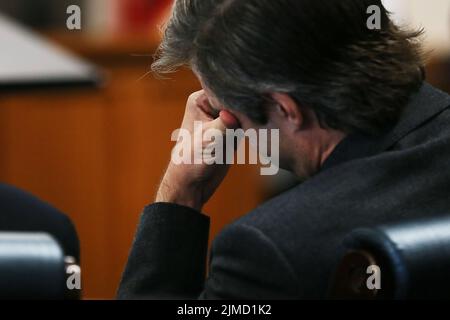 Austin, Texas, Stati Uniti. 5th ago 2022. ANDINO REYNAL, avvocato di Alex Jones, durante gli argomenti di chiusura Venerdì, 5 agosto 2022, presso il tribunale della contea di Travis ad Austin. I giurati sono stati invitati a valutare i danni punitivi contro l'ospite Infowars Alex Jones (non mostrato) dopo aver assegnato $4,1 milioni di danni effettivi ai genitori di Jesse Lewis il giovedì. (Credit Image: © Briana Sanchez via ZUMA Press Wire) Foto Stock