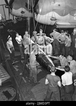 L'equipaggio prepara un siluro a bordo di un vettore statunitense, con dietro i bombardamenti di siluro Grumman Avenger. Foto Stock