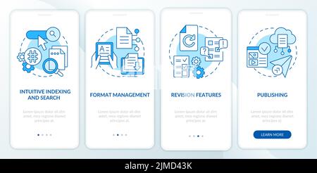 Attributi del sistema di gestione dei contenuti schermata blu dell'app mobile onboarding Illustrazione Vettoriale