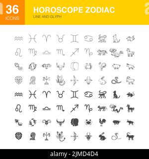 Icone glyph Web linea oroscopo zodiaco Illustrazione Vettoriale