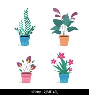 Raccolta di vasi di fiori domestici con fiori. Piante di casa in pentole. Illustrazione vettoriale. Piante alla moda in stile piatto su sfondo bianco. Illustrazione Vettoriale