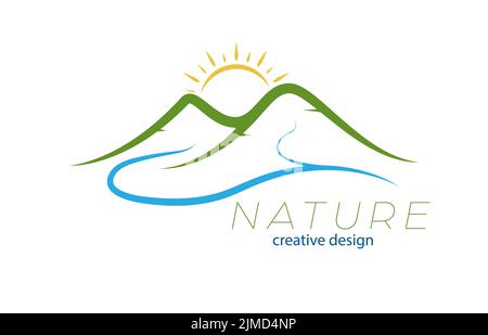 Tramonto in montagna. Il sole si nasconde dietro l'orizzonte. Illustrazione vettoriale per logo resort, viaggi, natura e idee creative. Stile piatto Illustrazione Vettoriale