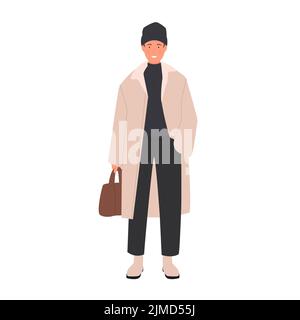 Abbigliamento invernale informale su uomo sorridente. Abito caldo moda, lungo trench coat illustrazione vettoriale Illustrazione Vettoriale