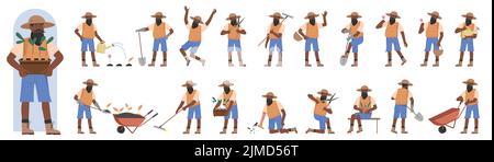 African american black farm worker in diverse pose set illustrazione vettoriale. Cartoon vecchio uomo che lavora attrezzature da giardino di fronte, vista laterale posteriore, agricoltore anziano che tiene pala e rastrello, carriola Illustrazione Vettoriale