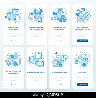 Funzioni LCMS e CMS schermata blu dell'applicazione mobile onboarding Illustrazione Vettoriale