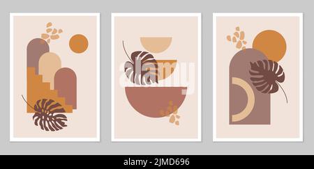 Una serie di illustrazioni dipinte a mano Abstract per la decorazione delle pareti. Stile bohémien. Cartoline, banner sui social network. Illustrazione Vettoriale