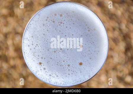 Bicchiere di birra visto dall'alto con malto sullo sfondo Foto Stock
