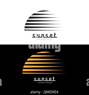 Tramonto. Il sole si nasconde dietro l'orizzonte. Illustrazione vettoriale per logo resort, viaggi, natura e idee creative. Stile piatto Illustrazione Vettoriale