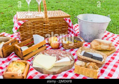 Grande concetto di pic-nic, pic-nic con frutta e succhi di frutta sul prato verde con bella vista Foto Stock