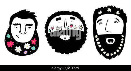 Doodle facce maschili con fiori colorati in barba, set di capelli. Persone disegnate a mano isolate su sfondo bianco. Avatar umano. Papà giorno, sposo, barbiere Illustrazione Vettoriale