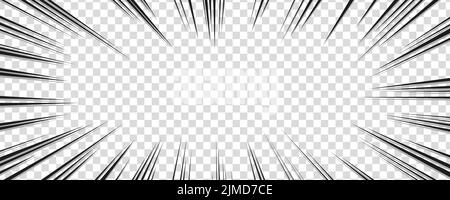 Effetto fumetto Manga su sfondo trasparente. Linee radiali di movimento per fumetti. Illustrazione vettoriale di un frame di velocità manga o di un'esplosione di spruzzi Illustrazione Vettoriale
