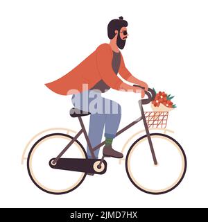 Hipster uomo a cavallo in bicicletta. Cool uomo alla moda che fa l'attività sportiva illustrazione vettoriale Illustrazione Vettoriale