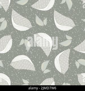 Lascia stilizzato lo sfondo del motivo vettoriale senza giunture. Folkloristico sparso arte fogliame neutro ecru beige sfondo su trama terrazzo. Realizzato a mano Illustrazione Vettoriale