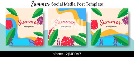 Un modello di post sui social media con sfondo estivo tropicale Illustrazione Vettoriale