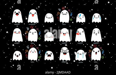 Set di vari Cartoon Ghosts con Emoticon. Doodle ghouls, occhi e bocca. Caricatura comica emozioni espressive, sorridente, piangente e sorpreso chara Illustrazione Vettoriale