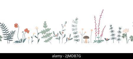 Foresta confine senza giunture con germogli di erbe e fiori. Vettore disegno a mano pianta senza cuciture pattern. Illustrazione Vettoriale