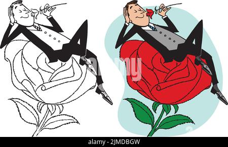Un fumetto retrò d'epoca di un uomo d'affari seduto su una rosa gigante che puzzava come una rosa. Illustrazione Vettoriale