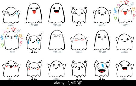 Set di vari Cartoon Ghosts con Emoticon. Doodle ghouls, occhi e bocca. Caricatura comica emozioni espressive, sorridente, piangente e sorpreso chara Illustrazione Vettoriale