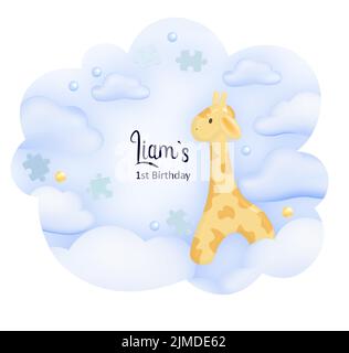 Baby doccia stampa per un ragazzo. 1st compleanno alla festa dell'acquazzone del bambino. Inserisci il tuo nome. Delicati colori blu. Nuvole e giocattoli. Illustrazione Vettoriale