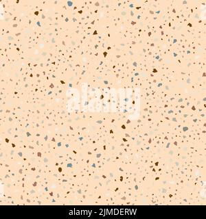 Pavimenti in terazzo motivi senza cuciture composti da pezzi di granito, quarzo, vetro e pietra. Texture pavimento in marmo. Pavimentazione classica beige. Astratto Illustrazione Vettoriale