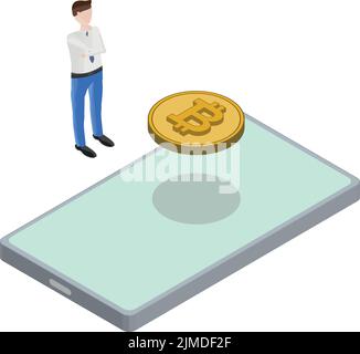 Vista isometrica di Phone Bitcoin fluttuante Back Man Thinking Illustrazione Vettoriale